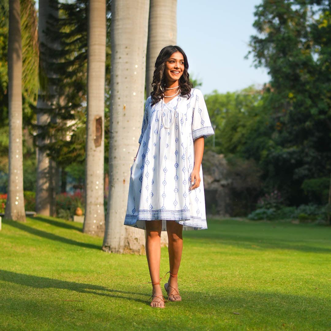 White Hand Block Printed Fit and Flare Short Dress
