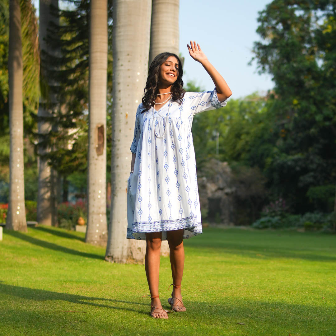 White Hand Block Printed Fit and Flare Short Dress