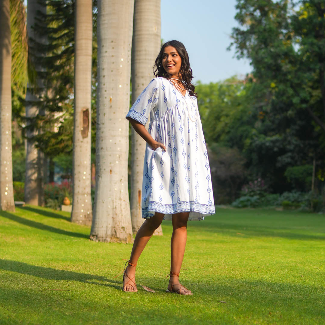 White Hand Block Printed Fit and Flare Short Dress