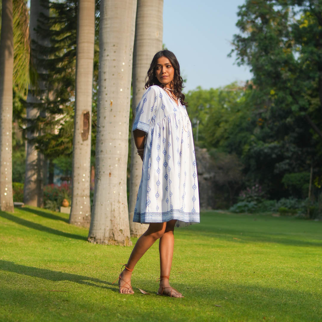 White Hand Block Printed Fit and Flare Short Dress
