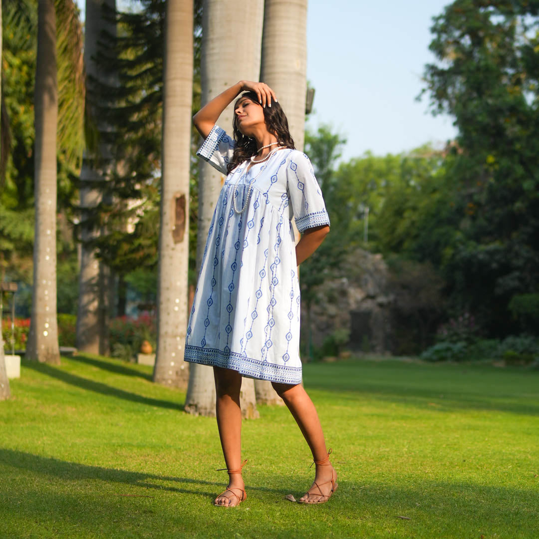 White Hand Block Printed Fit and Flare Short Dress