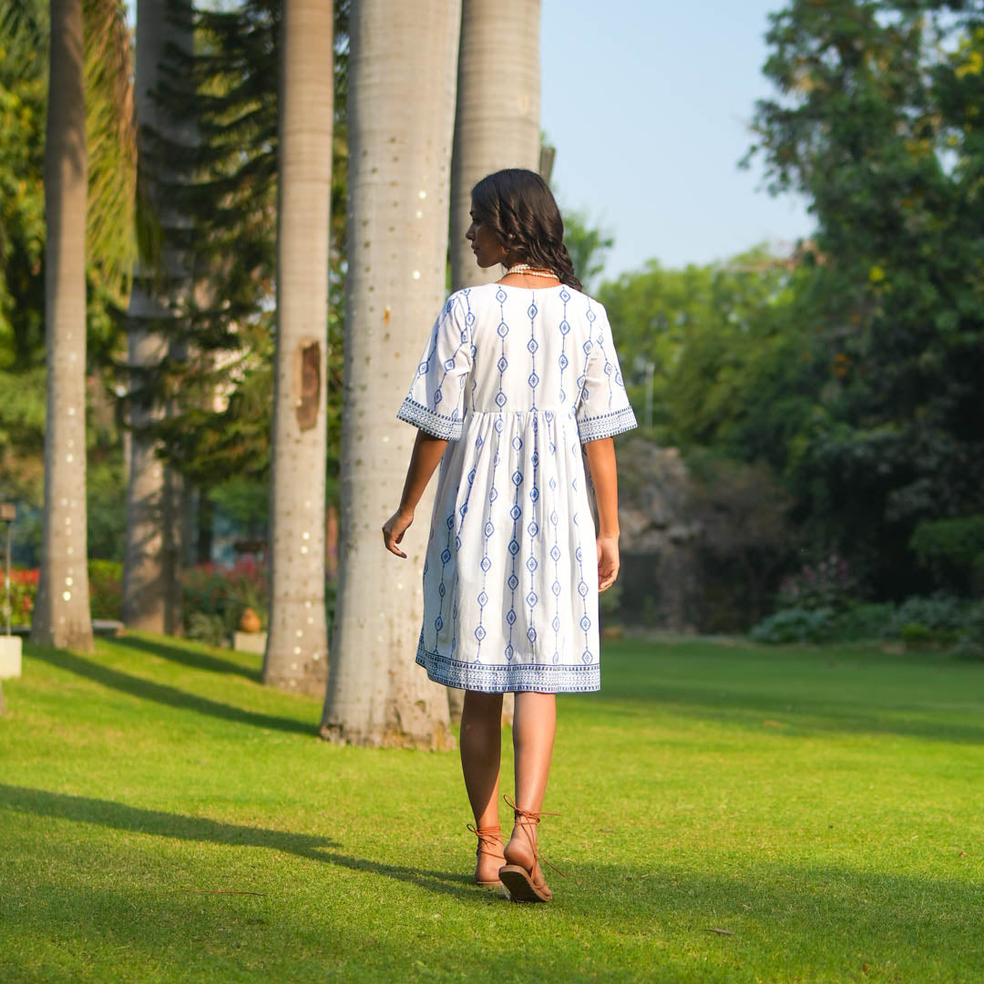 White Hand Block Printed Fit and Flare Short Dress