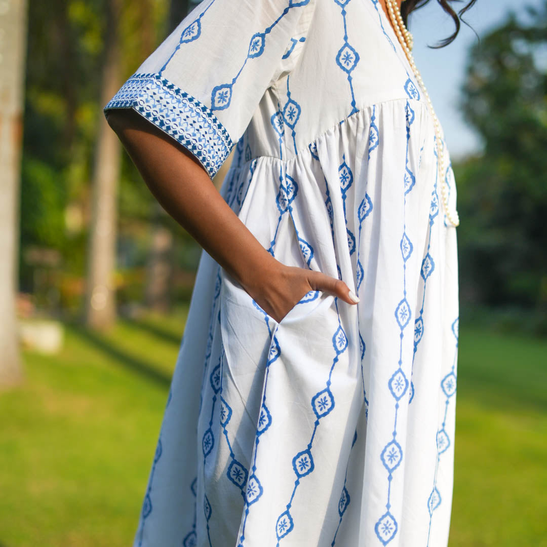 White Hand Block Printed Fit and Flare Short Dress