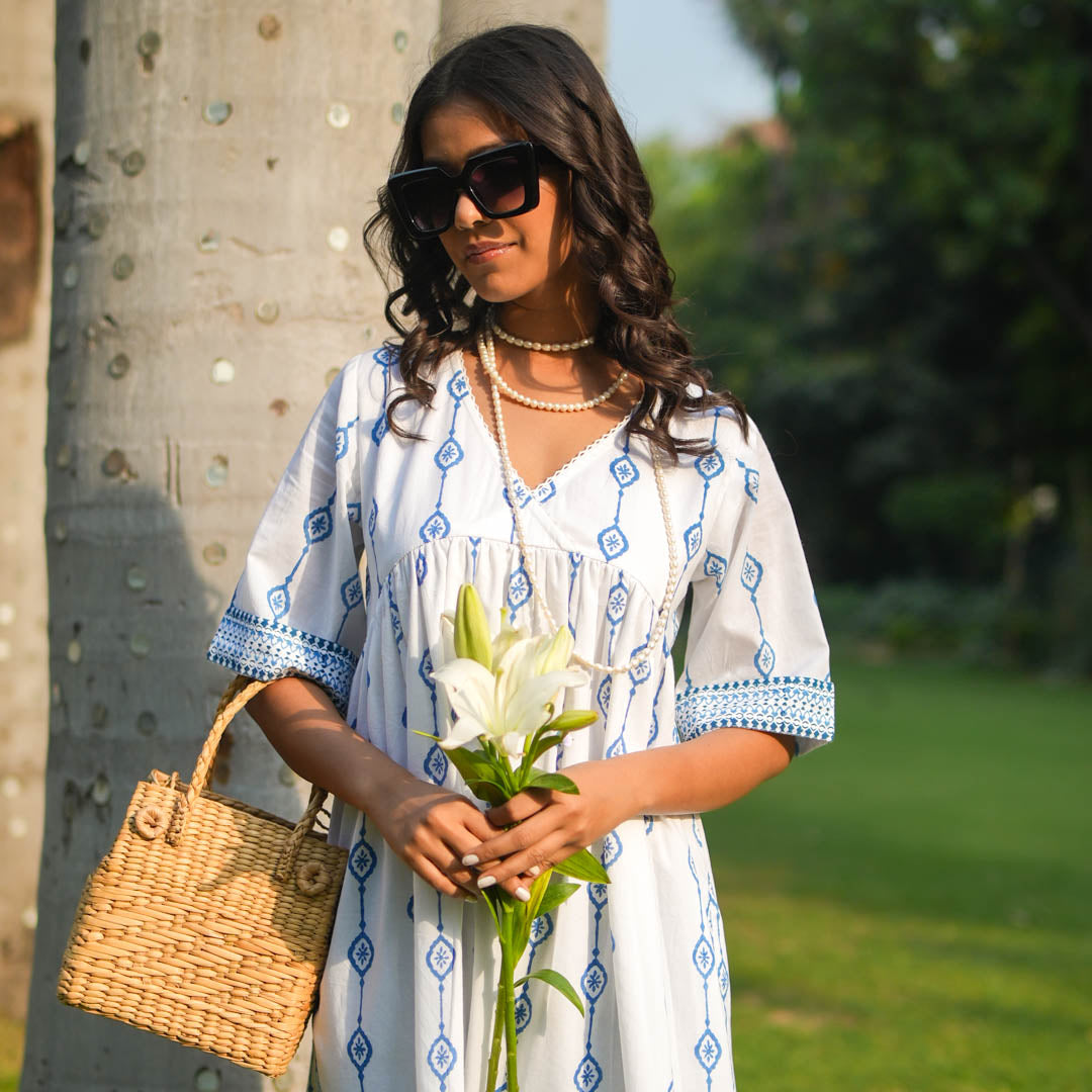 White Hand Block Printed Fit and Flare Short Dress
