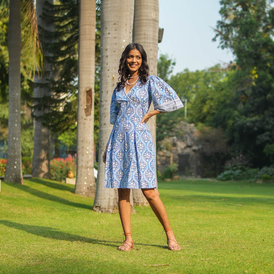 Blue Block Printed Box Pleat Dress