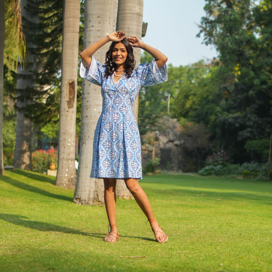 Blue Block Printed Box Pleat Dress