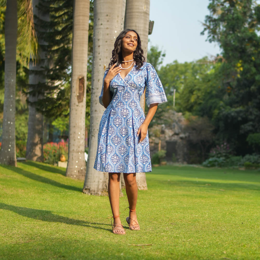 Blue Block Printed Box Pleat Dress