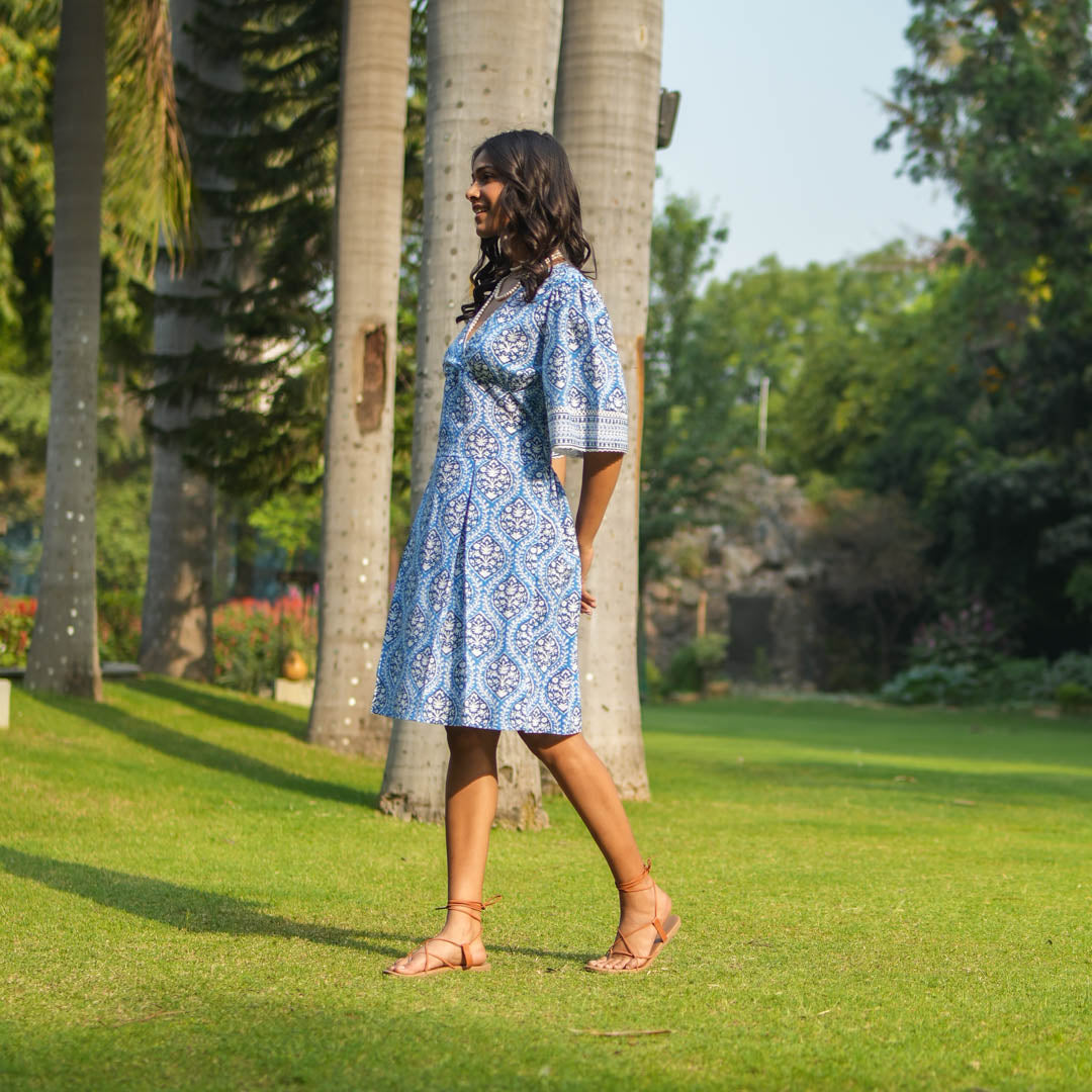Blue Block Printed Box Pleat Dress