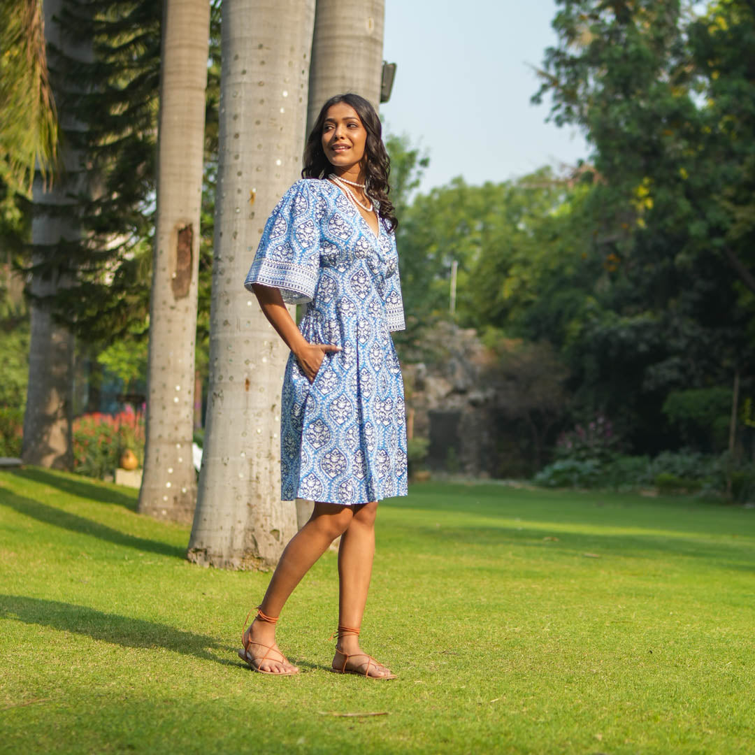 Blue Block Printed Box Pleat Dress