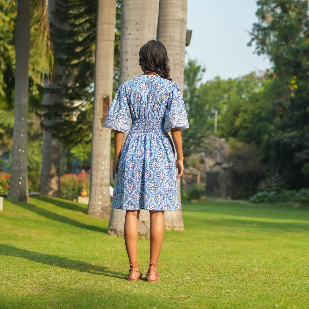 Blue Block Printed Box Pleat Dress