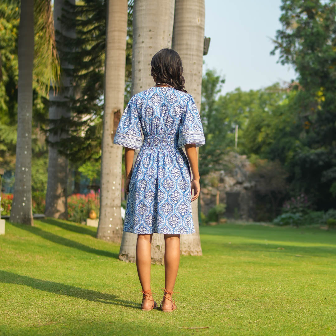 Blue Block Printed Box Pleat Dress