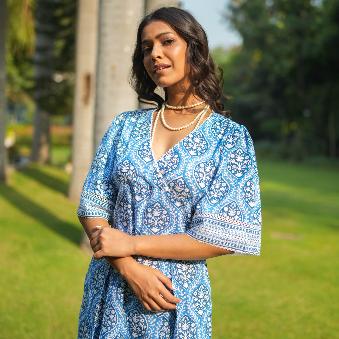 Blue Block Printed Box Pleat Dress