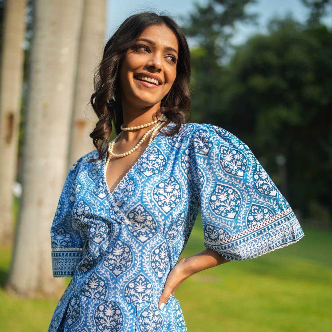 Blue Block Printed Box Pleat Dress