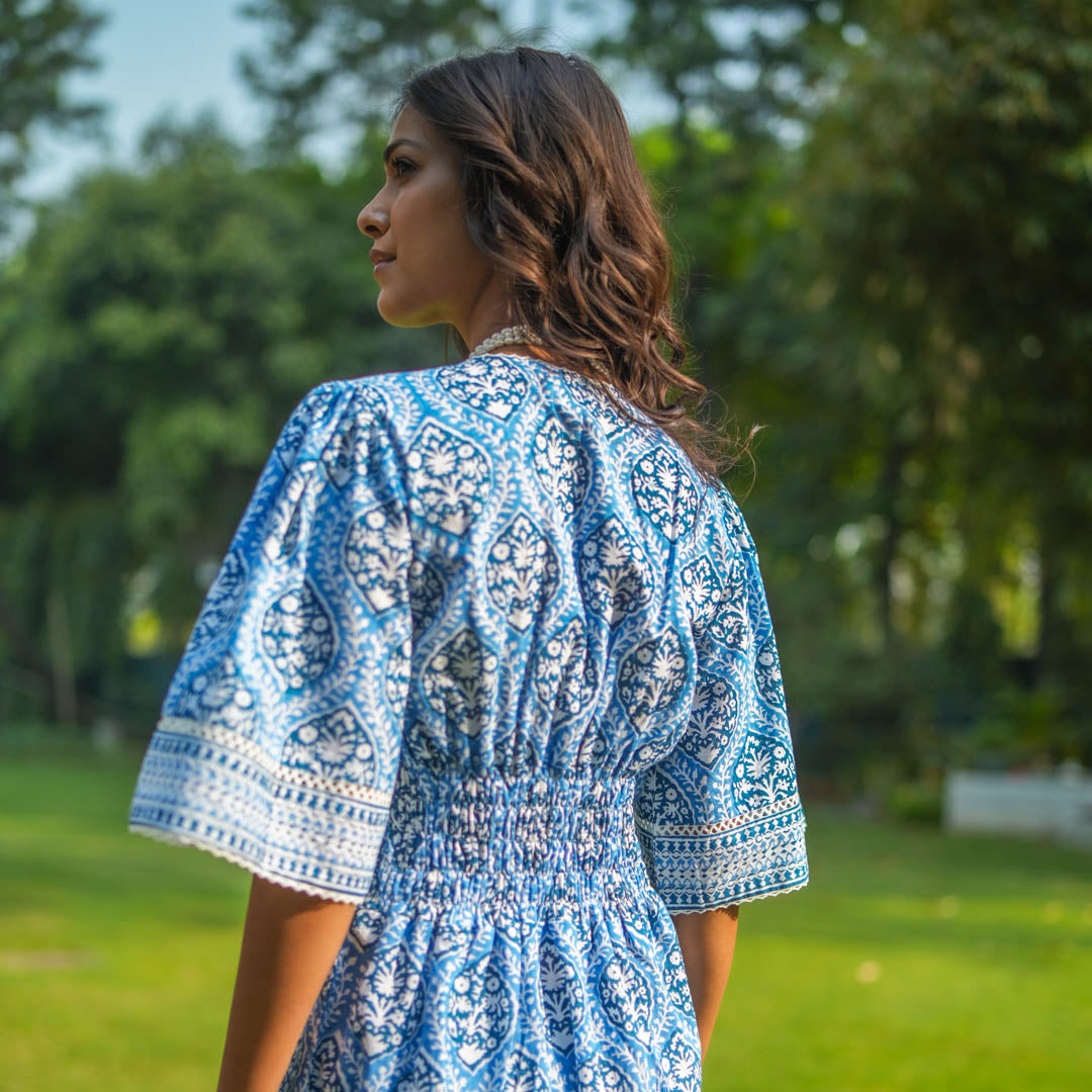 Blue Block Printed Box Pleat Dress
