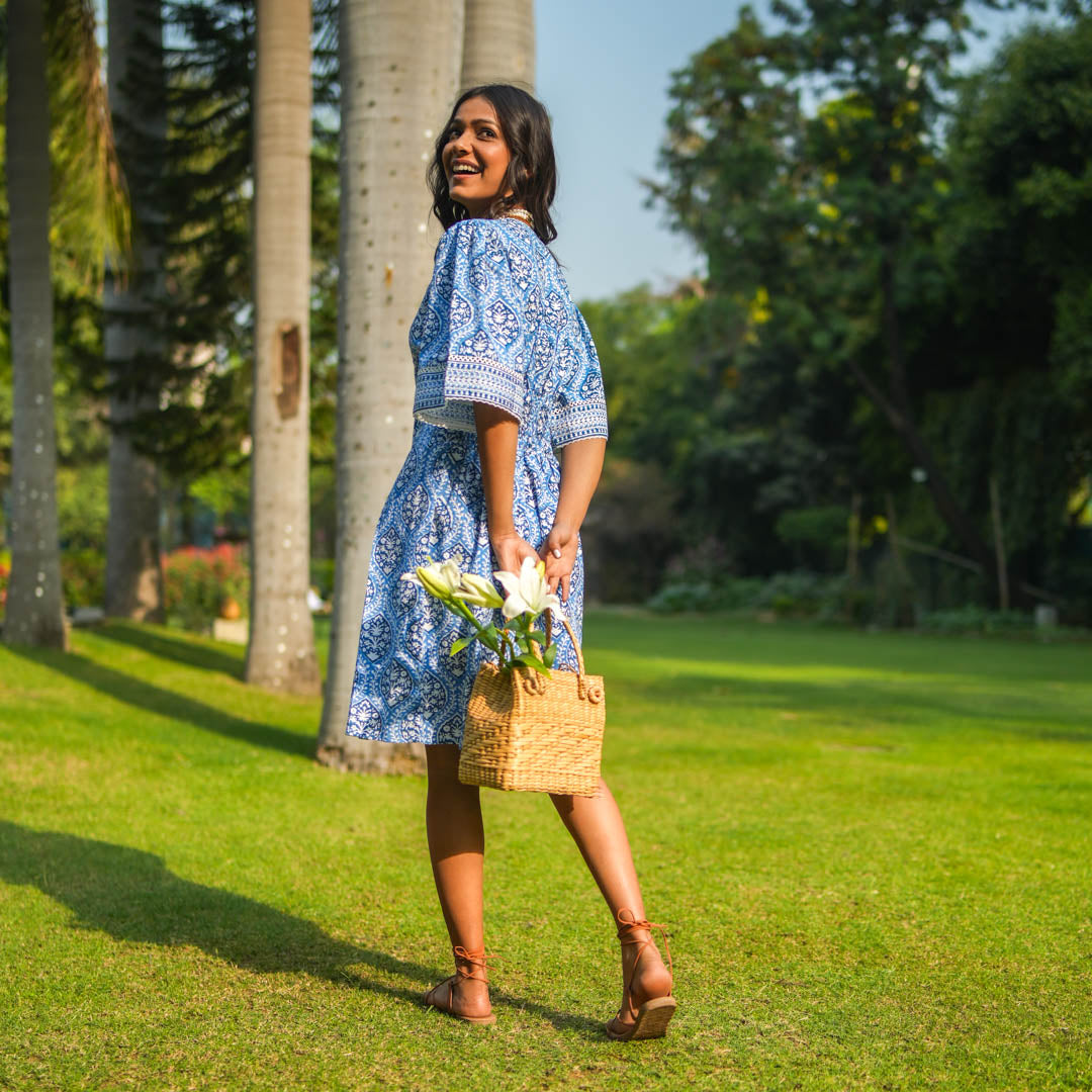 Blue Block Printed Box Pleat Dress