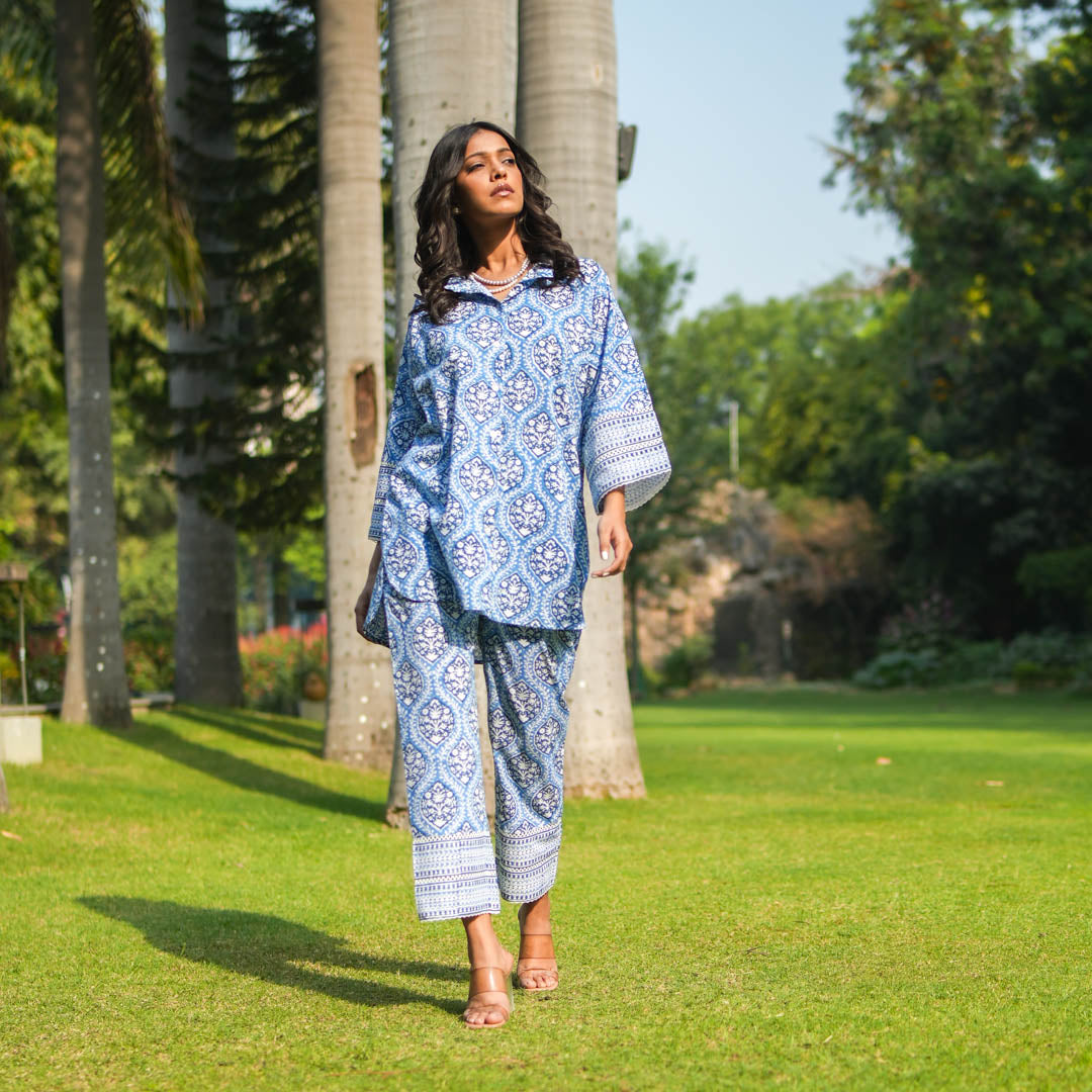 Blue Hand Block Printed Oversized Button Down Shirt Style Kurta