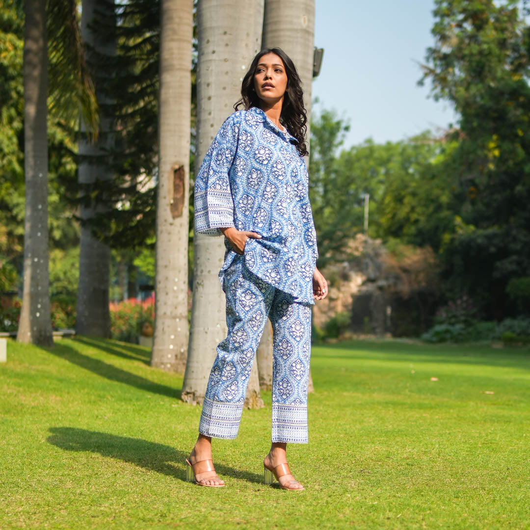 Blue Hand Block Printed Oversized Button Down Shirt Style Kurta