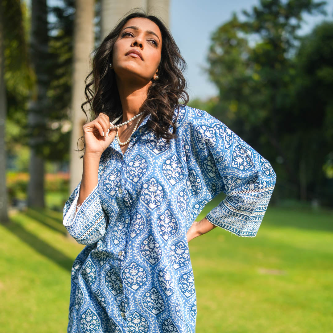 Blue Hand Block Printed Oversized Button Down Shirt Style Kurta