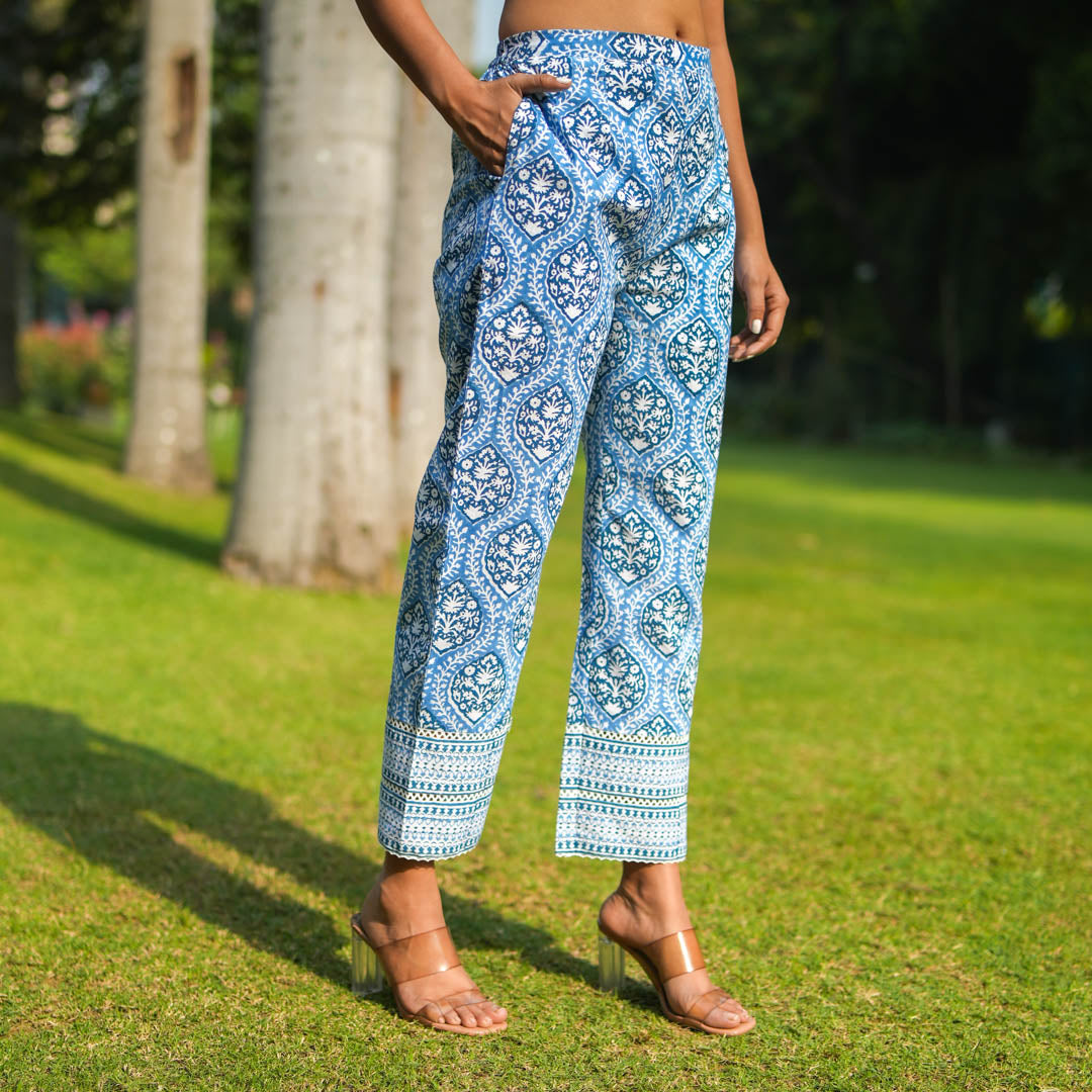 Blue Hand Block Printed Straight Pants.