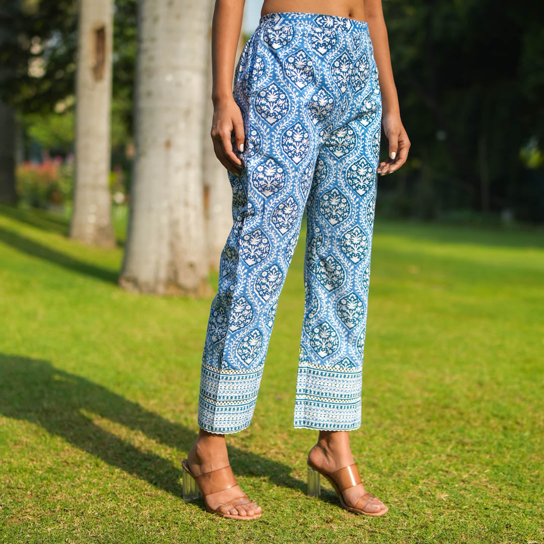 Blue Hand Block Printed Straight Pants.