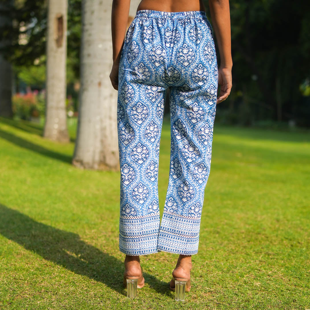 Blue Hand Block Printed Straight Pants.