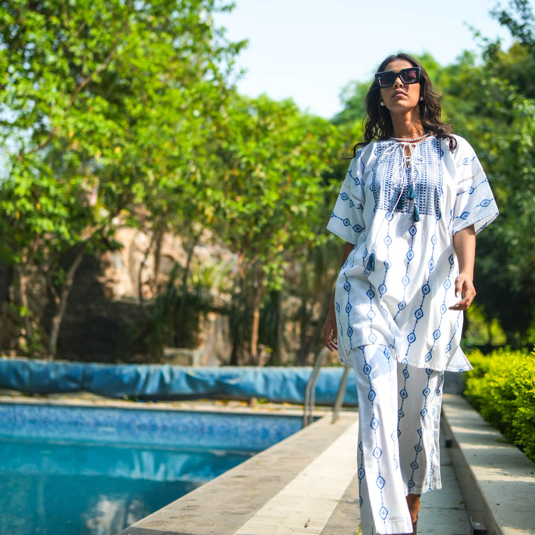White Hand Block Printed Oversized Short Kurta with Side Slits