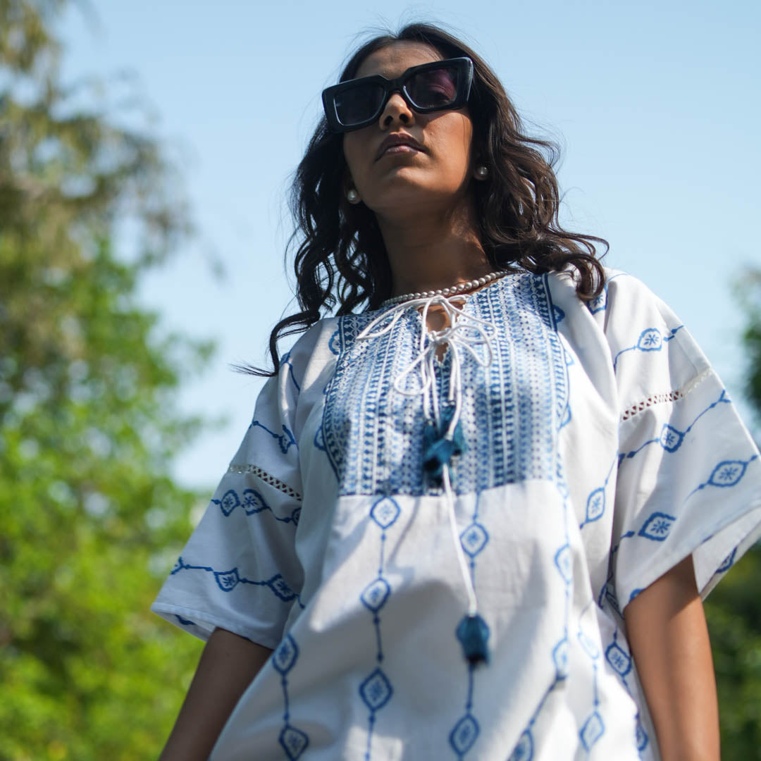 White Hand Block Printed Oversized Short Kurta with Side Slits