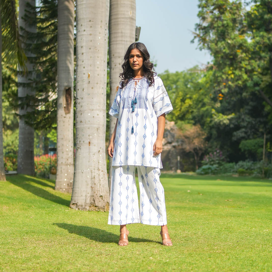 White Hand Block Printed Oversized Short Kurta with Side Slits