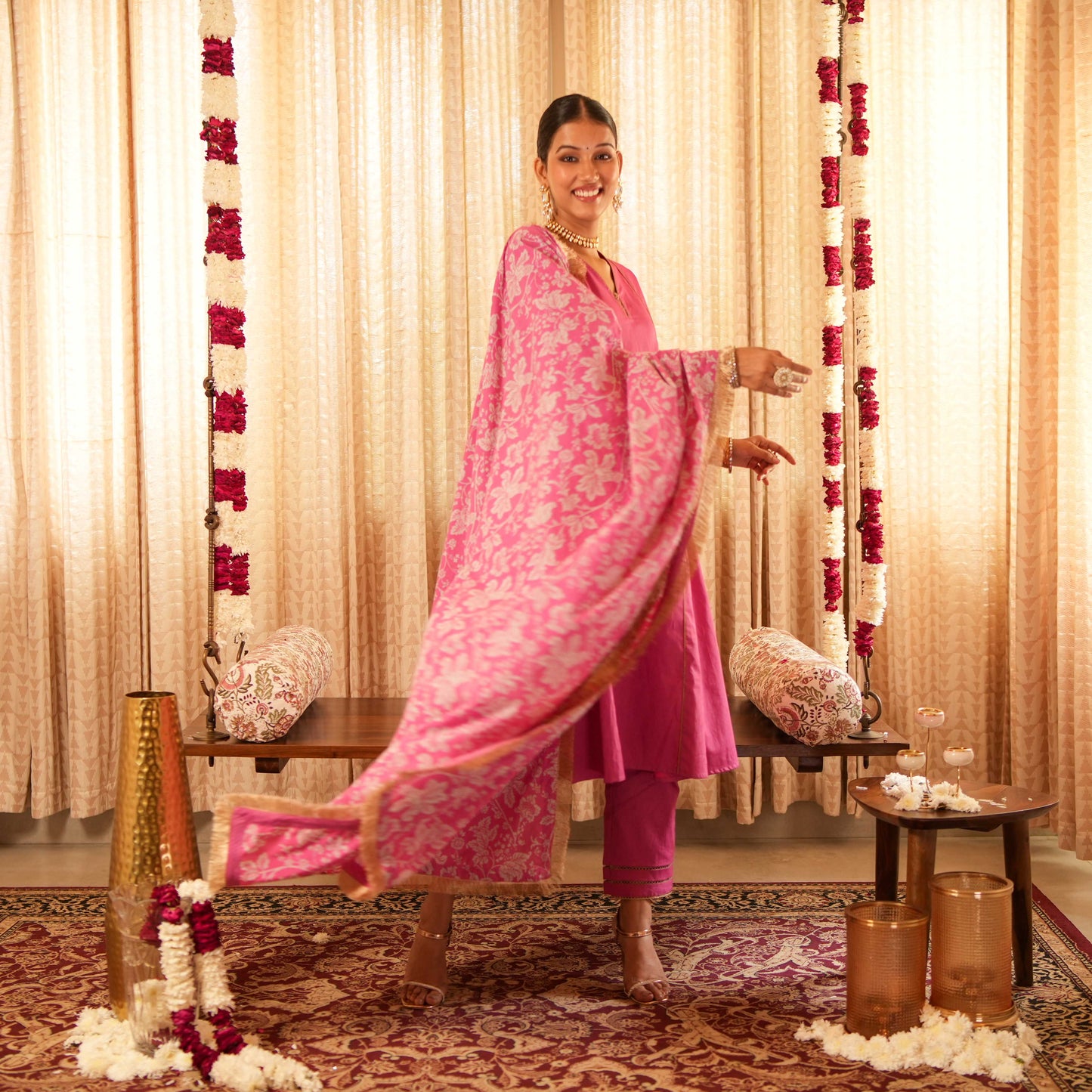 Solid Pink Panelled Anarkali Kurta with Straight Pants and Printed Dupatta (Set of 3)