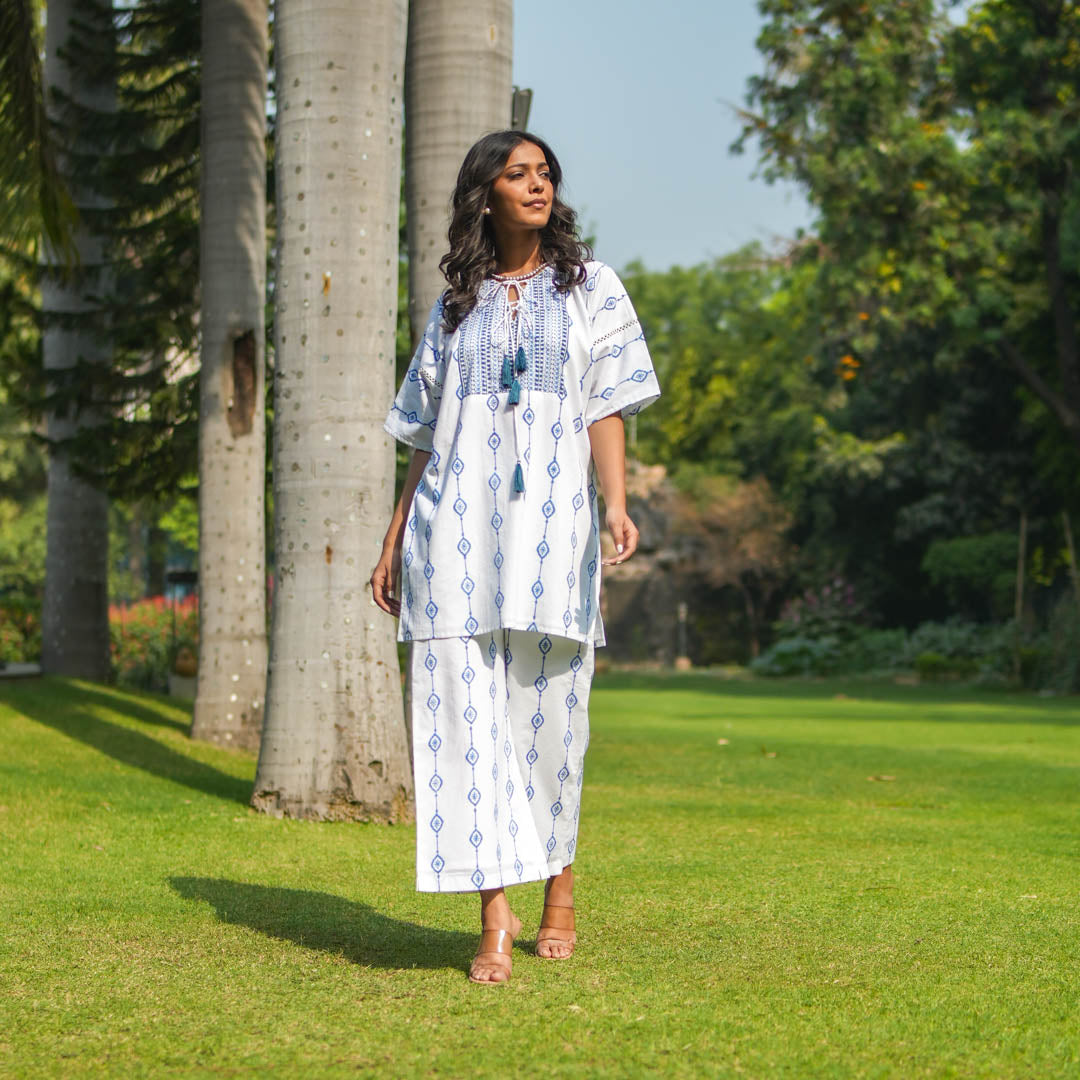 White Hand Block Printed Oversized Short Kurta with Side Slits
