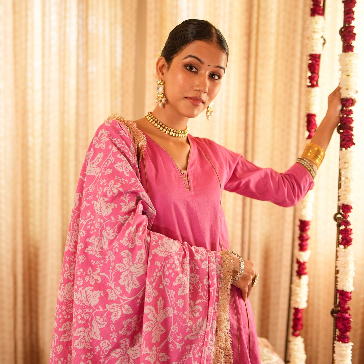Solid Pink Panelled Anarkali Kurta with Straight Pants and Printed Dupatta (Set of 3)