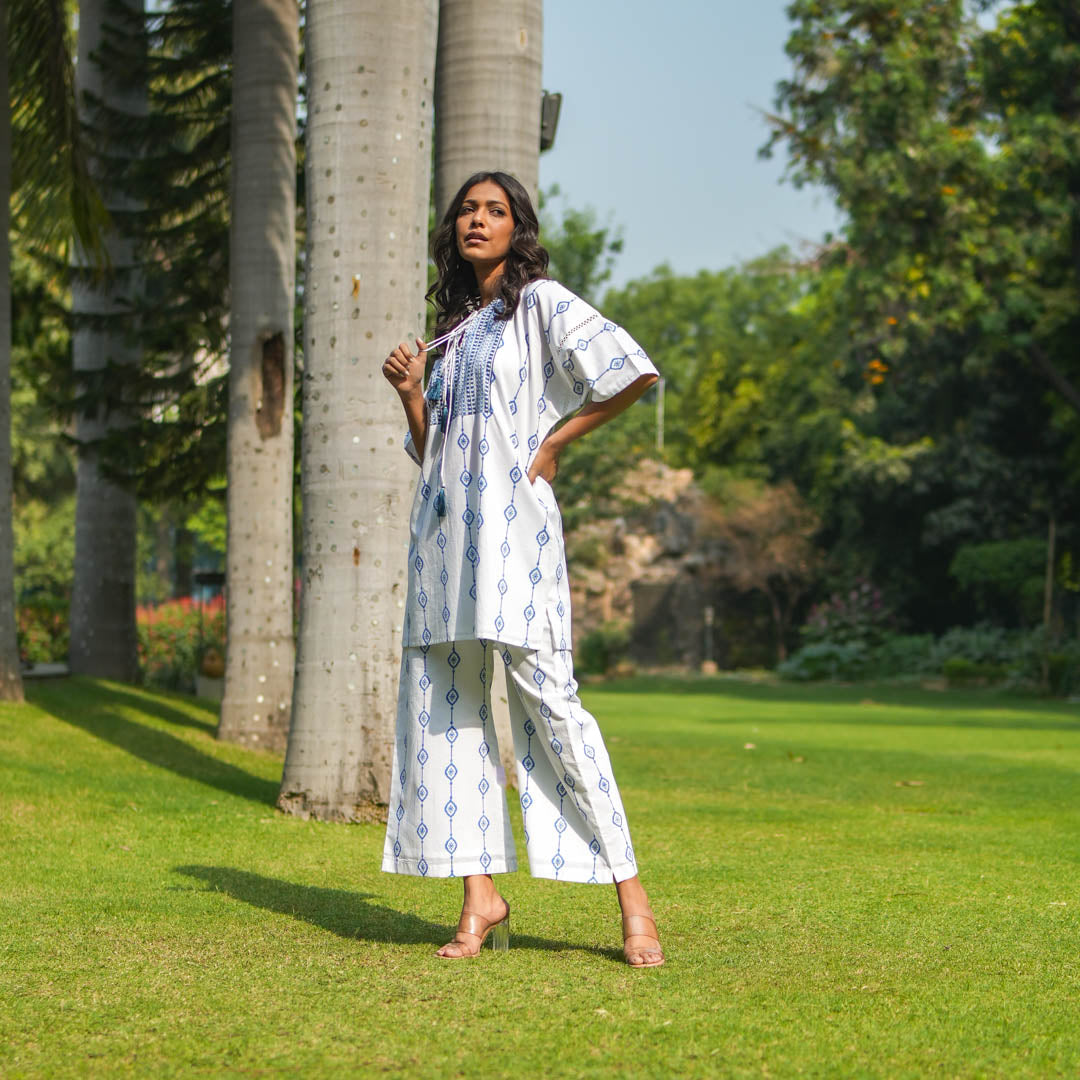 White Hand Block Printed Oversized Short Kurta with Side Slits