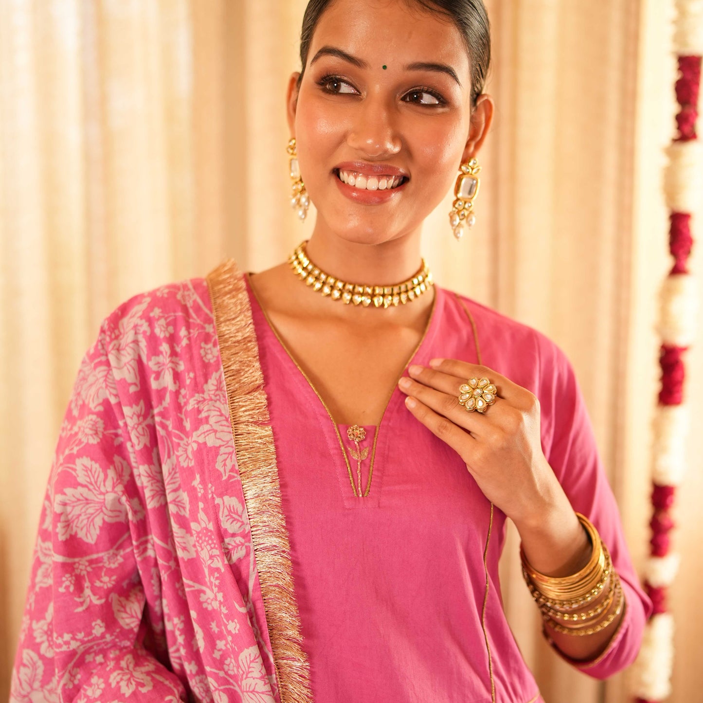 Solid Pink Panelled Anarkali Kurta with Straight Pants and Printed Dupatta (Set of 3)