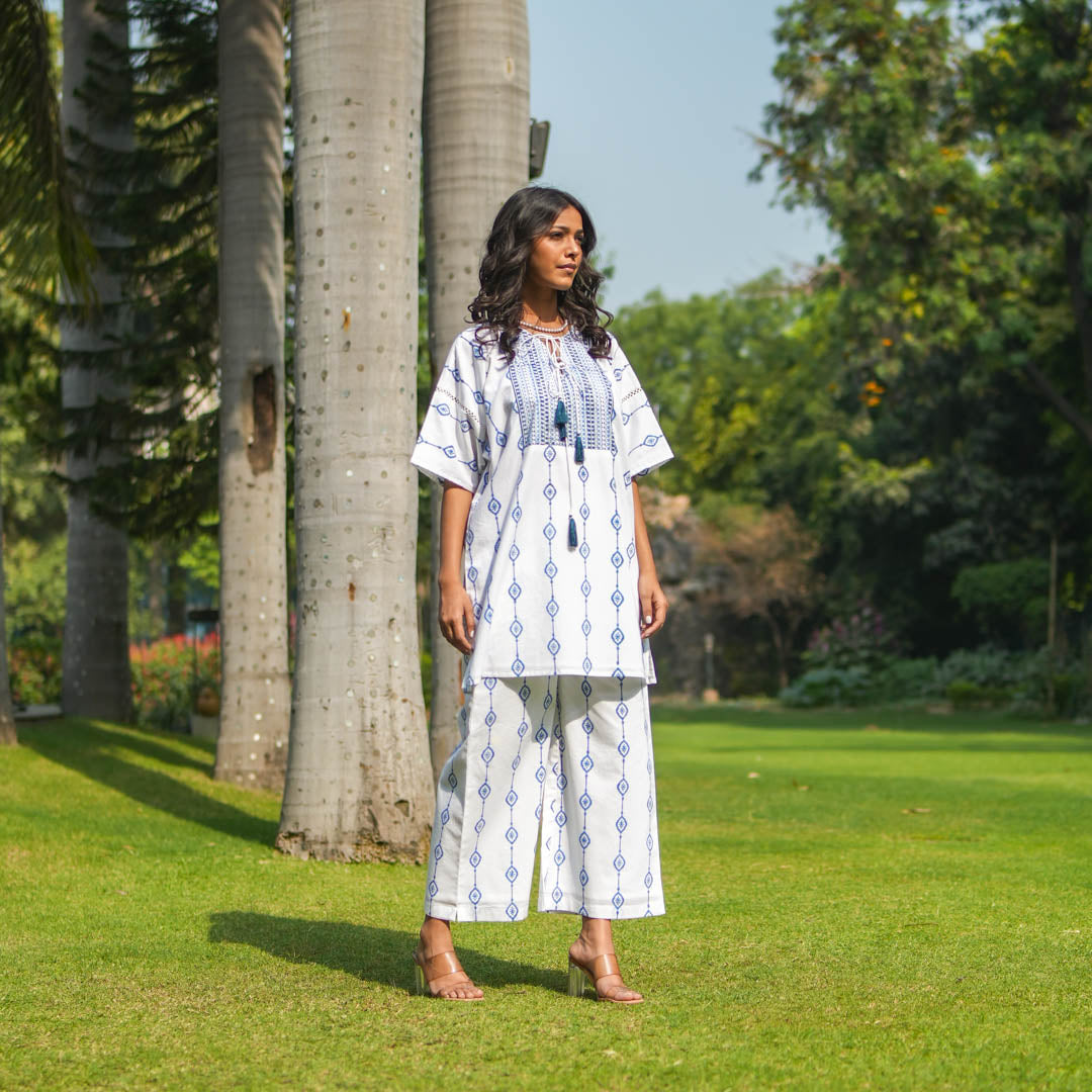 White Hand Block Printed Oversized Short Kurta with Side Slits