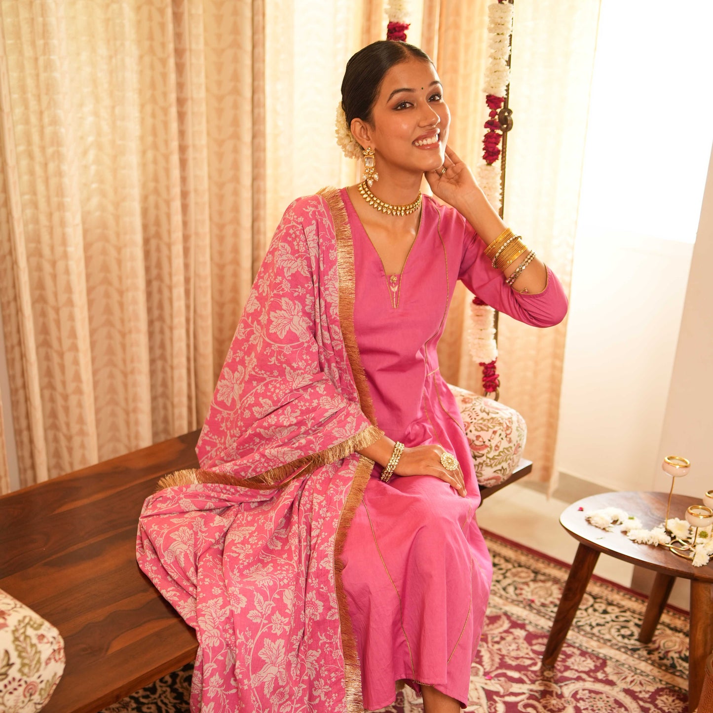 Solid Pink Panelled Anarkali Kurta with Straight Pants and Printed Dupatta (Set of 3)