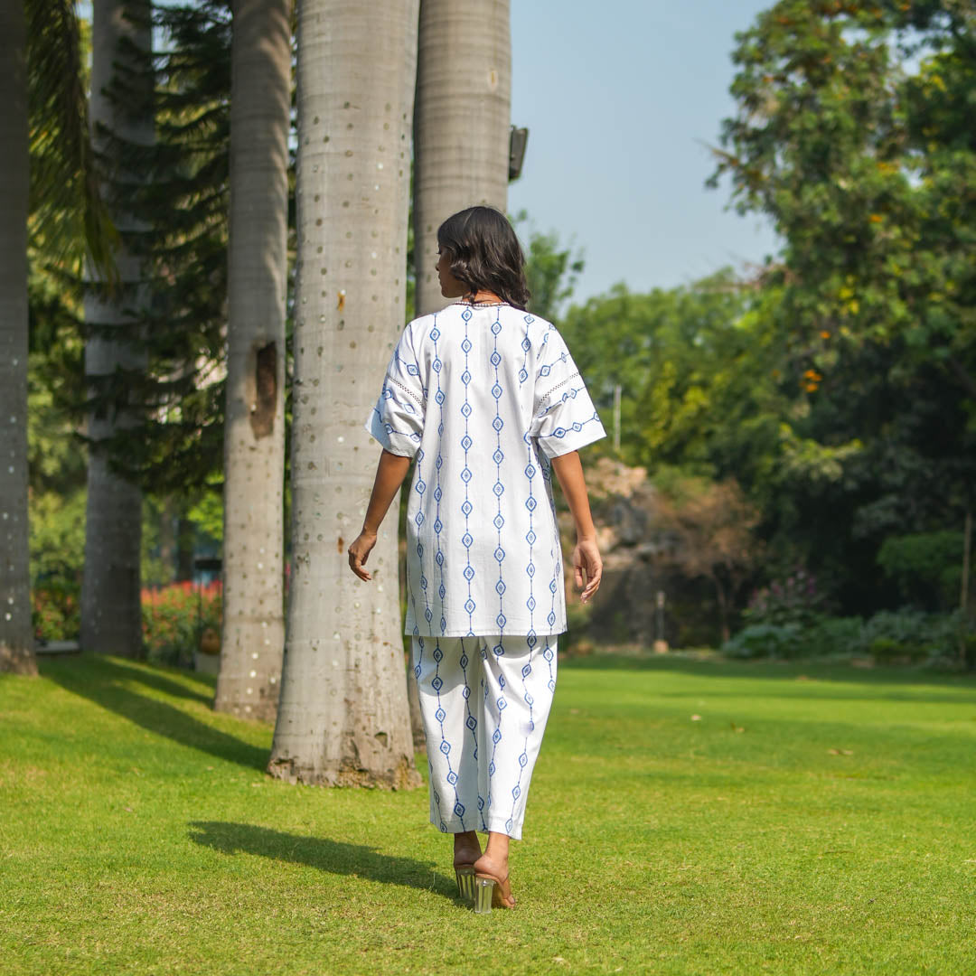 White Hand Block Printed Oversized Short Kurta with Side Slits