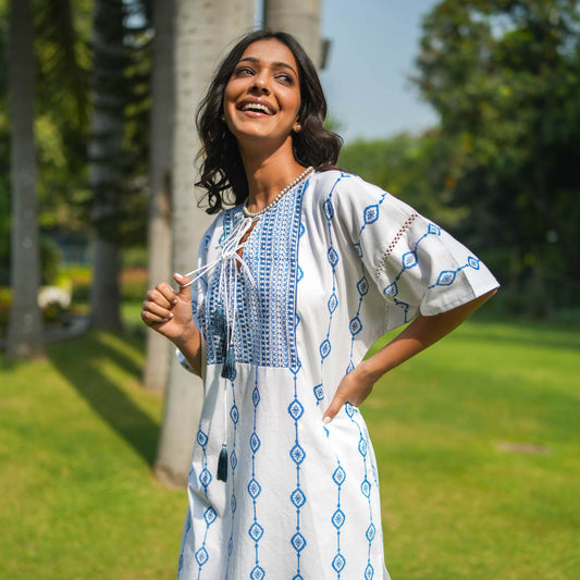 White Hand Block Printed Oversized Short Kurta with Side Slits