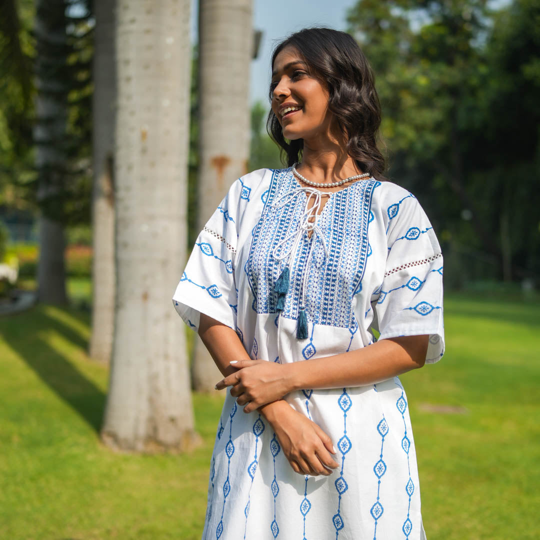 White Hand Block Printed Oversized Short Kurta with Side Slits