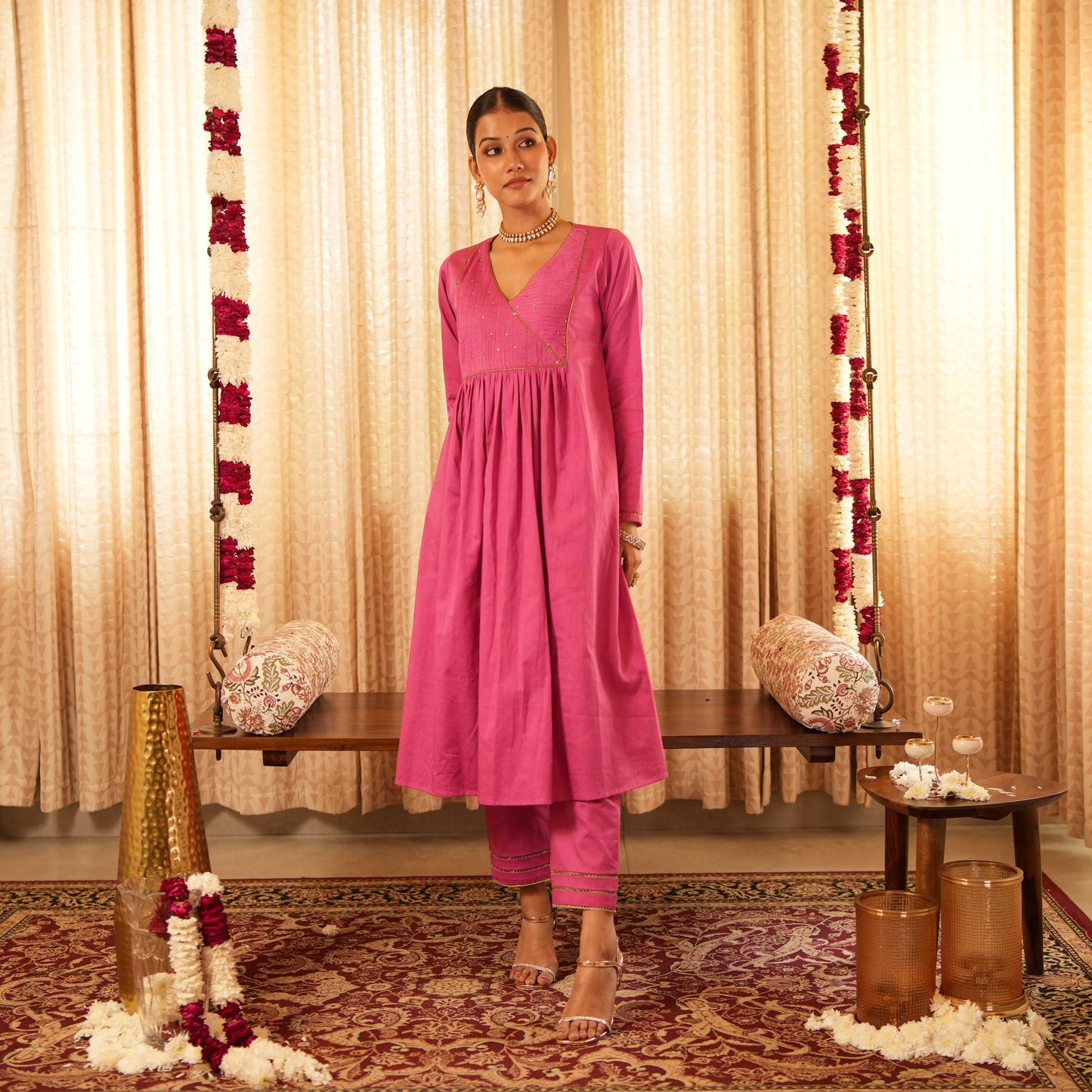 Solid Pink Yoke Detailed Kurta with Straight Pants and Printed Dupatta (Set of 3)