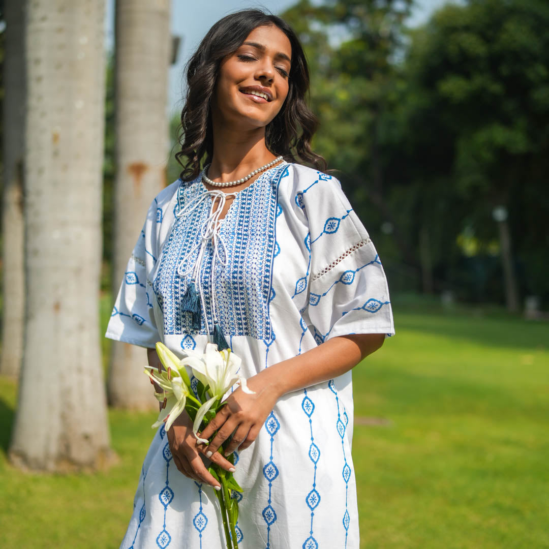 White Hand Block Printed Oversized Short Kurta with Side Slits