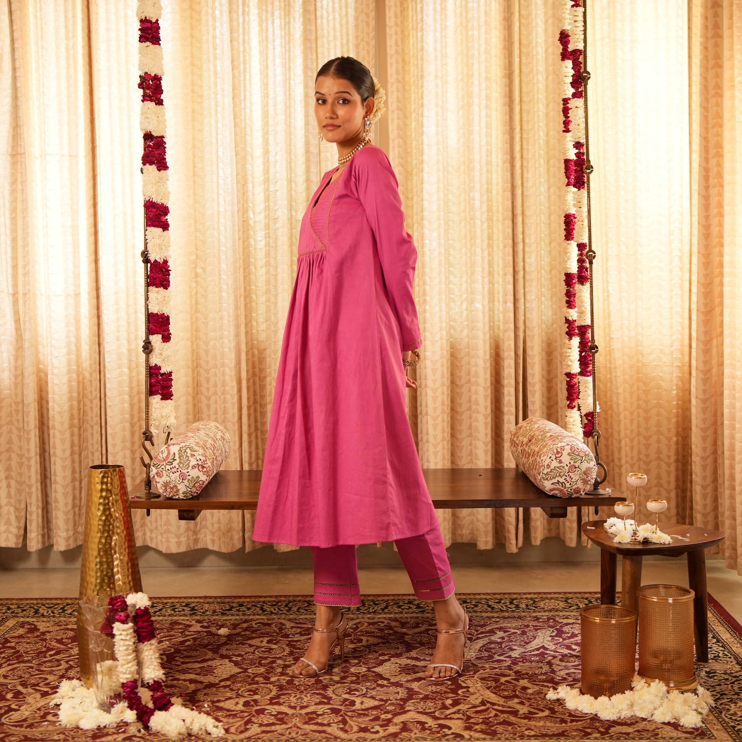 Solid Pink Yoke Detailed Kurta with Straight Pants and Printed Dupatta (Set of 3)