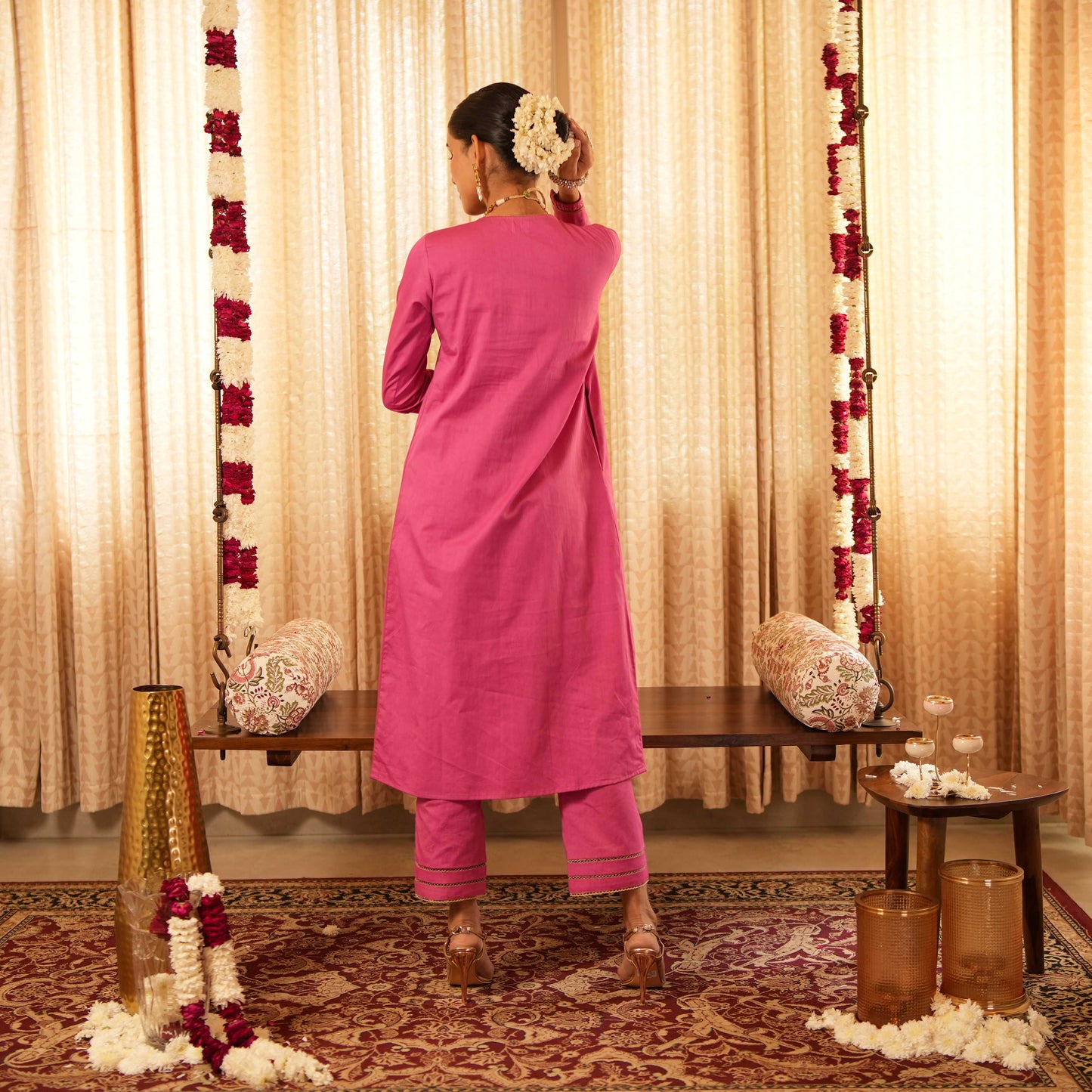Solid Pink Yoke Detailed Kurta with Straight Pants and Printed Dupatta (Set of 3)