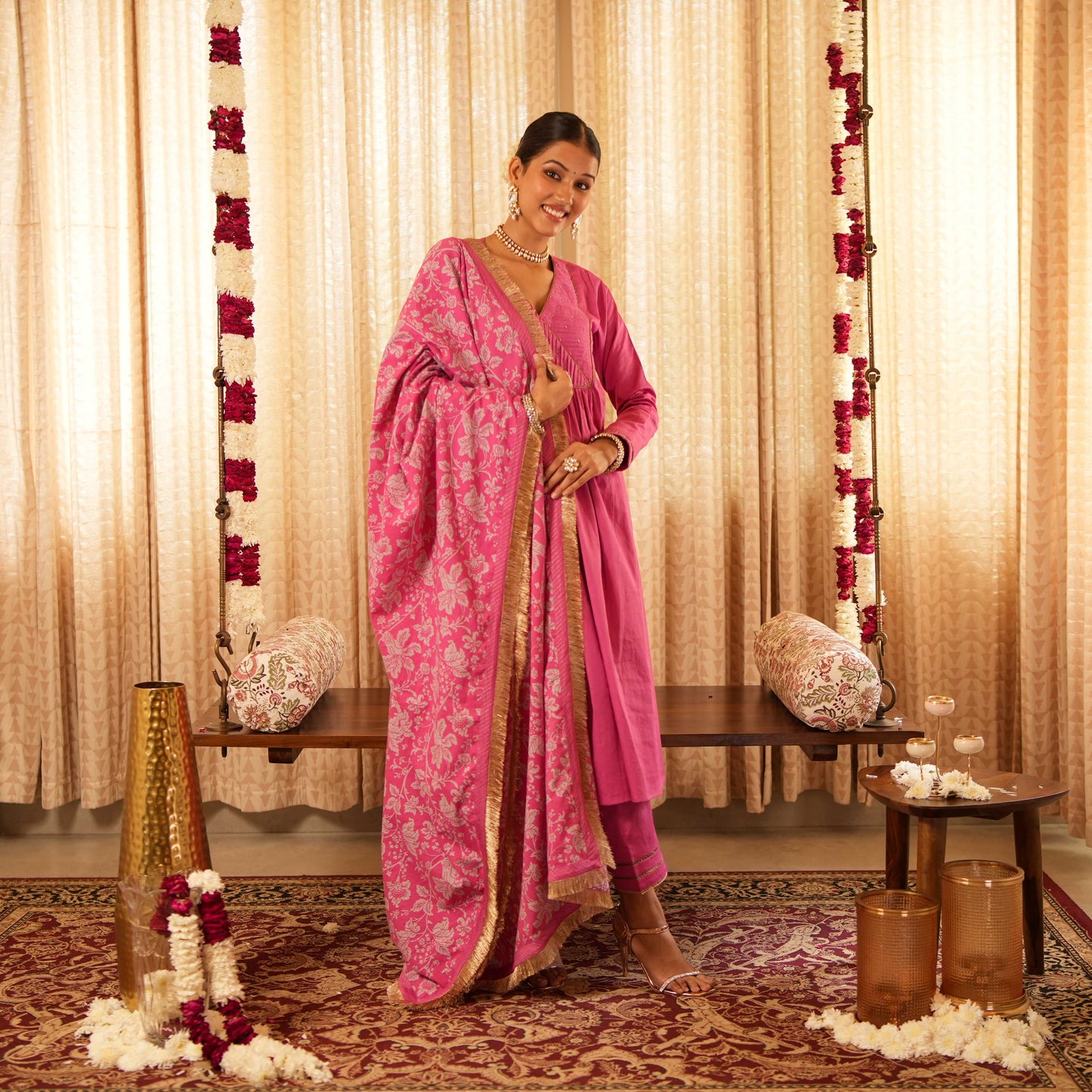 Solid Pink Yoke Detailed Kurta with Straight Pants and Printed Dupatta (Set of 3)