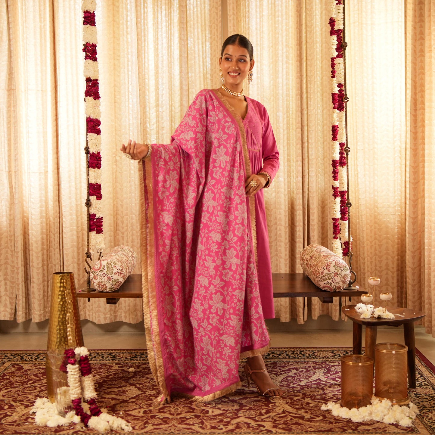 Solid Pink Yoke Detailed Kurta with Straight Pants and Printed Dupatta (Set of 3)