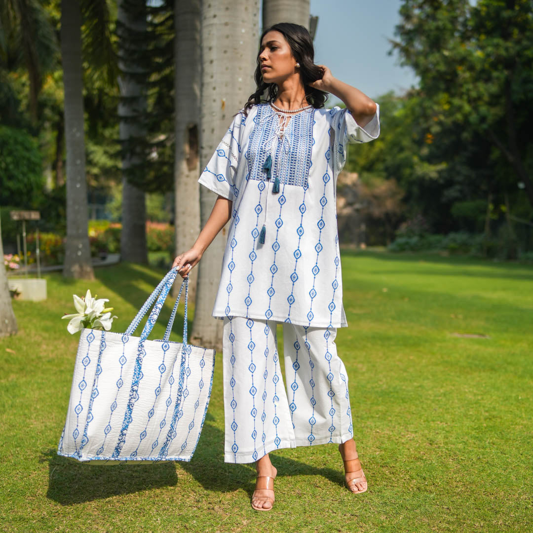 White Hand Block Printed Oversized Short Kurta with Side Slits