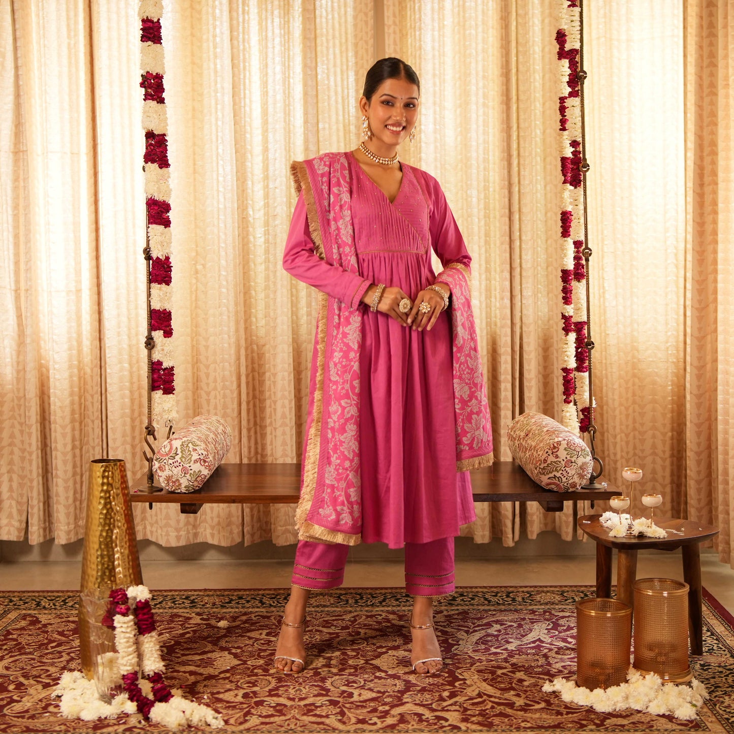 Solid Pink Yoke Detailed Kurta with Straight Pants and Printed Dupatta (Set of 3)