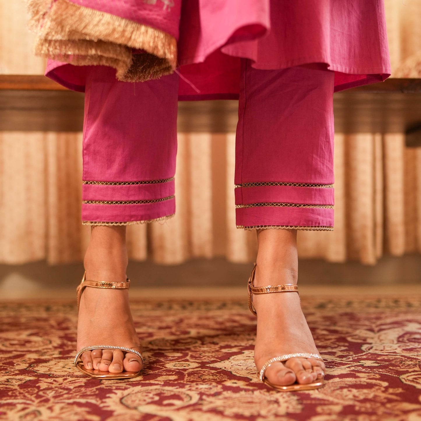 Solid Pink Yoke Detailed Kurta with Straight Pants and Printed Dupatta (Set of 3)