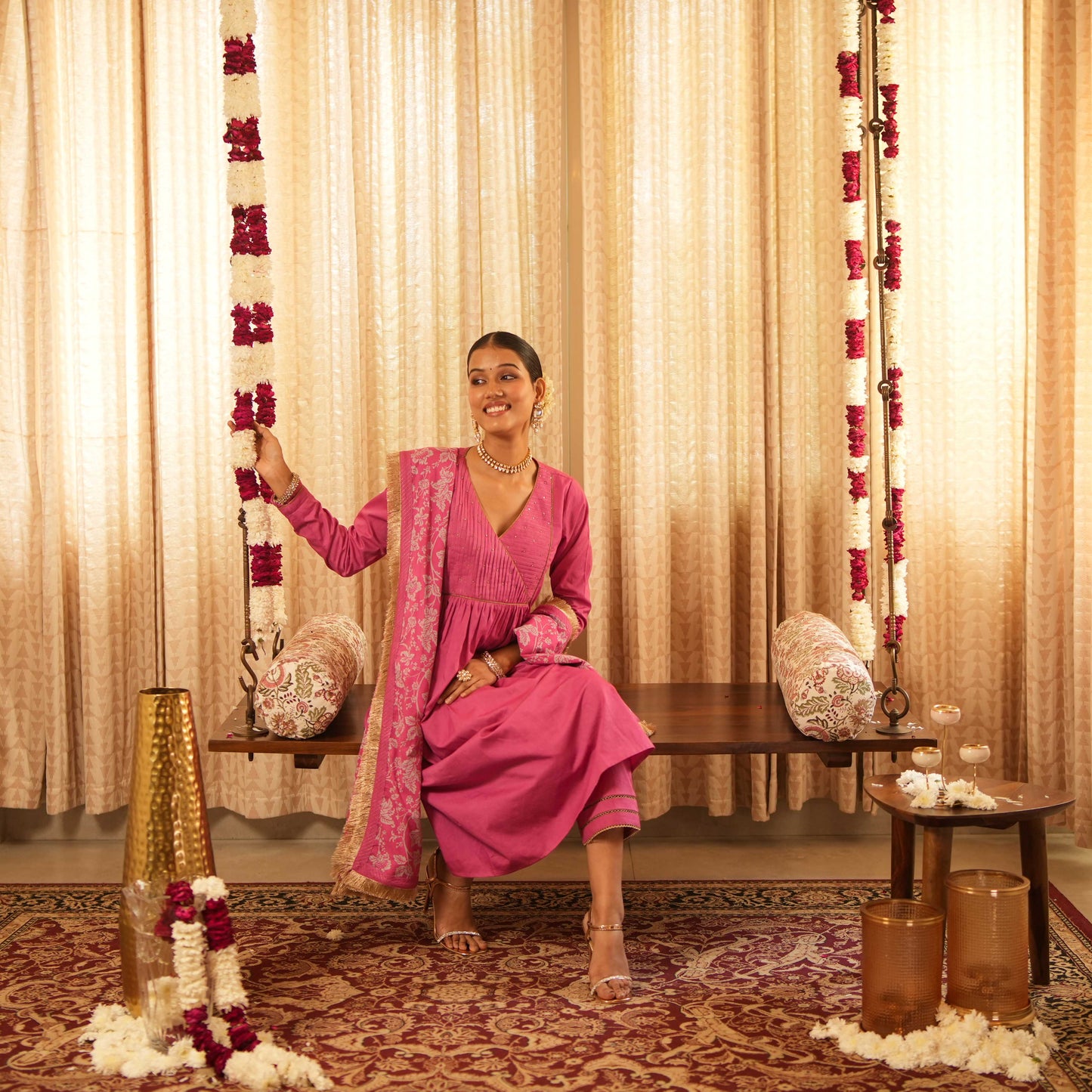 Solid Pink Yoke Detailed Kurta with Straight Pants and Printed Dupatta (Set of 3)