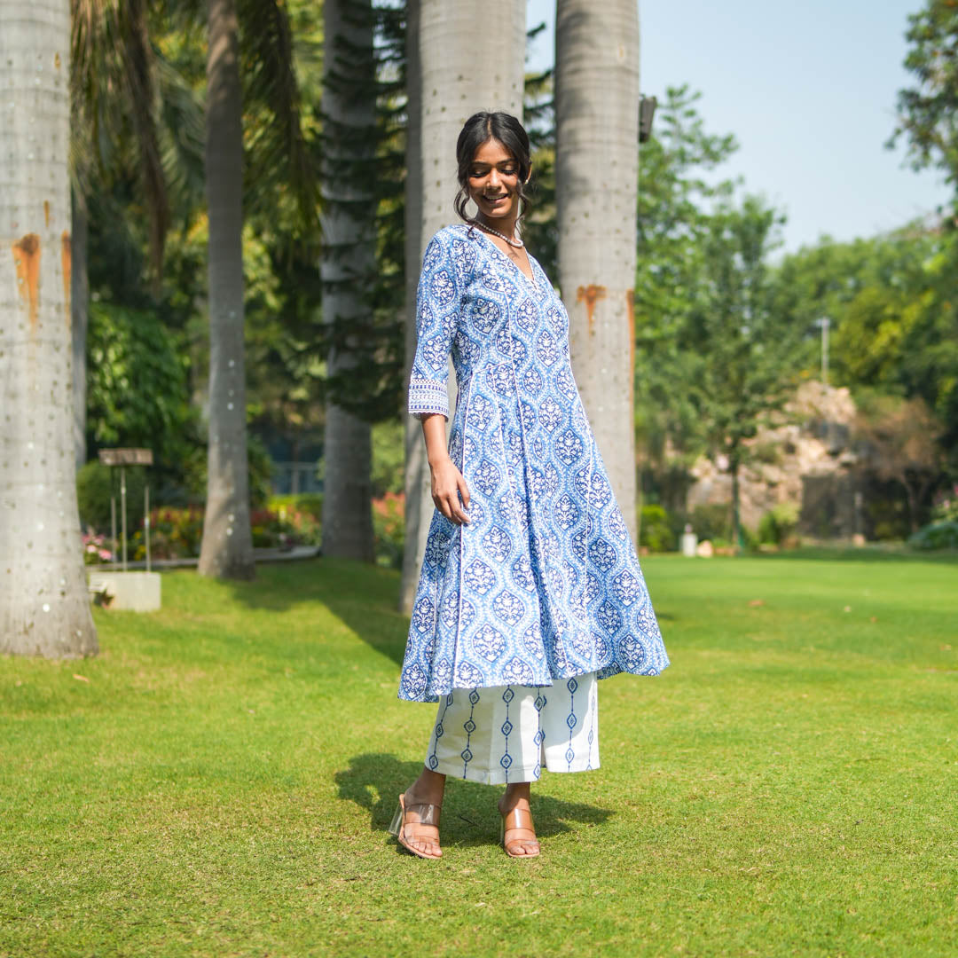 Blue Hand Block Printed Flared Kurta with Hand Embroidery Detail