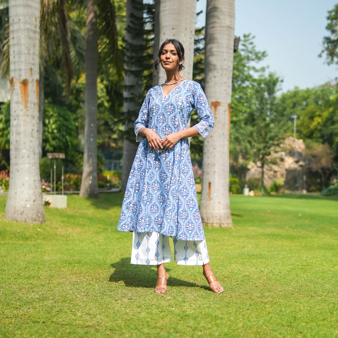 Blue Hand Block Printed Flared Kurta with Hand Embroidery Detail